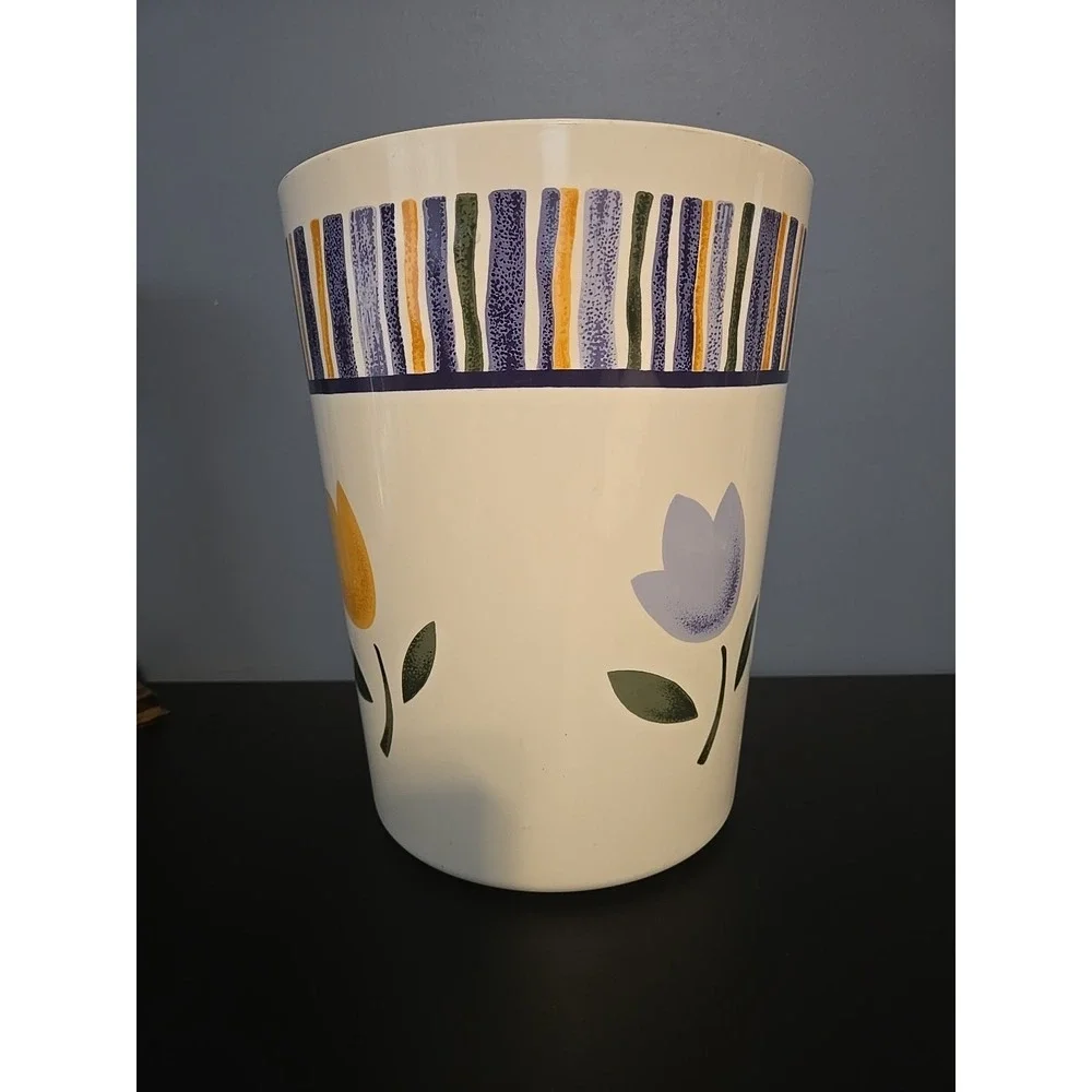 Vtg Wastebasket Cream Blue Yellow Tulip Floral Trash Can USA Hard‎ Plastic